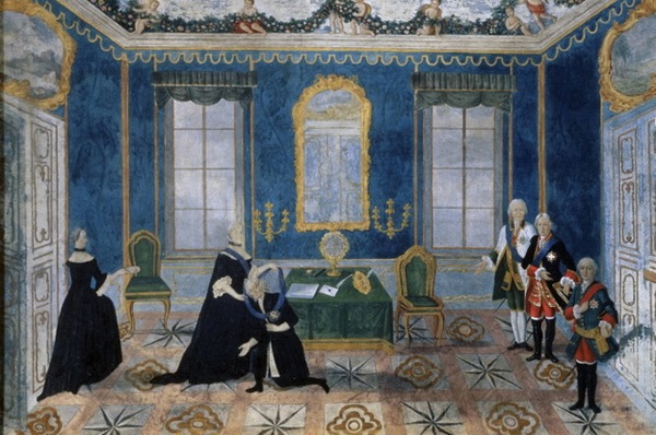 Возвращение графа Бестужева из ссылки. Екатерина II принимает его 12 июля 1762 года в петербургском Летнем дворце.