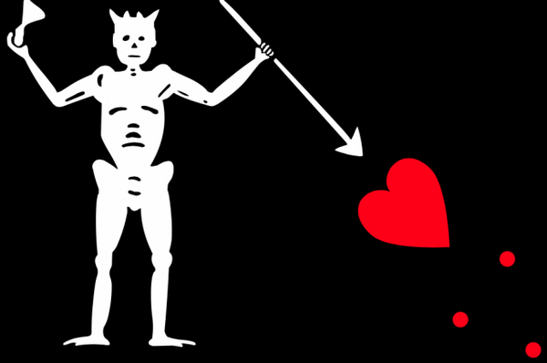 на флаге капитана Тича был изображён скелет, держащий в руках песочные часы (символ неотвратимости смерти) и готовящийся пронзить копьём человеческое сердце
