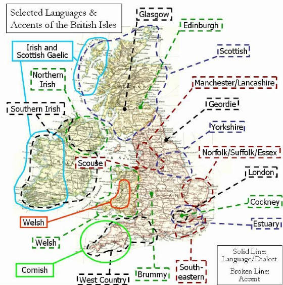карта акцентов и диалектов на территории Великобритании