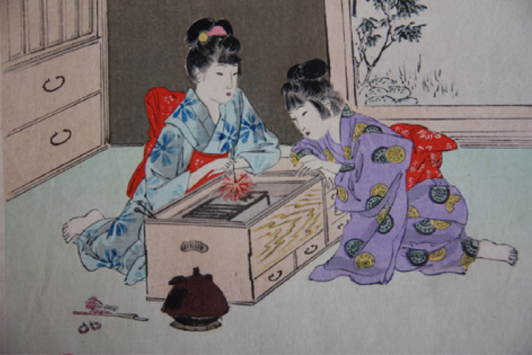 Дети, играющие с Сенко Ханаби. Иллюстрация периода Мэйдзи под названием Сэнко Ханаби из серии Кодомо Фузоку (обычаи детей) Миягавы Шунтэя