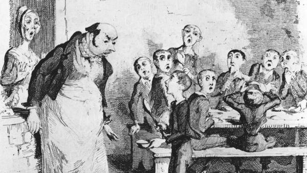 у Диккенса через отношение к еде показываются разные человеческие пороки (иллюстрация Джорджа Крушенка к Оливеру Твисту, 1838 г.)