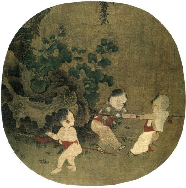 художник Су Ханьчэнь в XII в. нарисовал картину Дети, играющие в осеннем дворе, на которой мы видим ребенка с голыми ягодицами, выглядывающими из штанов